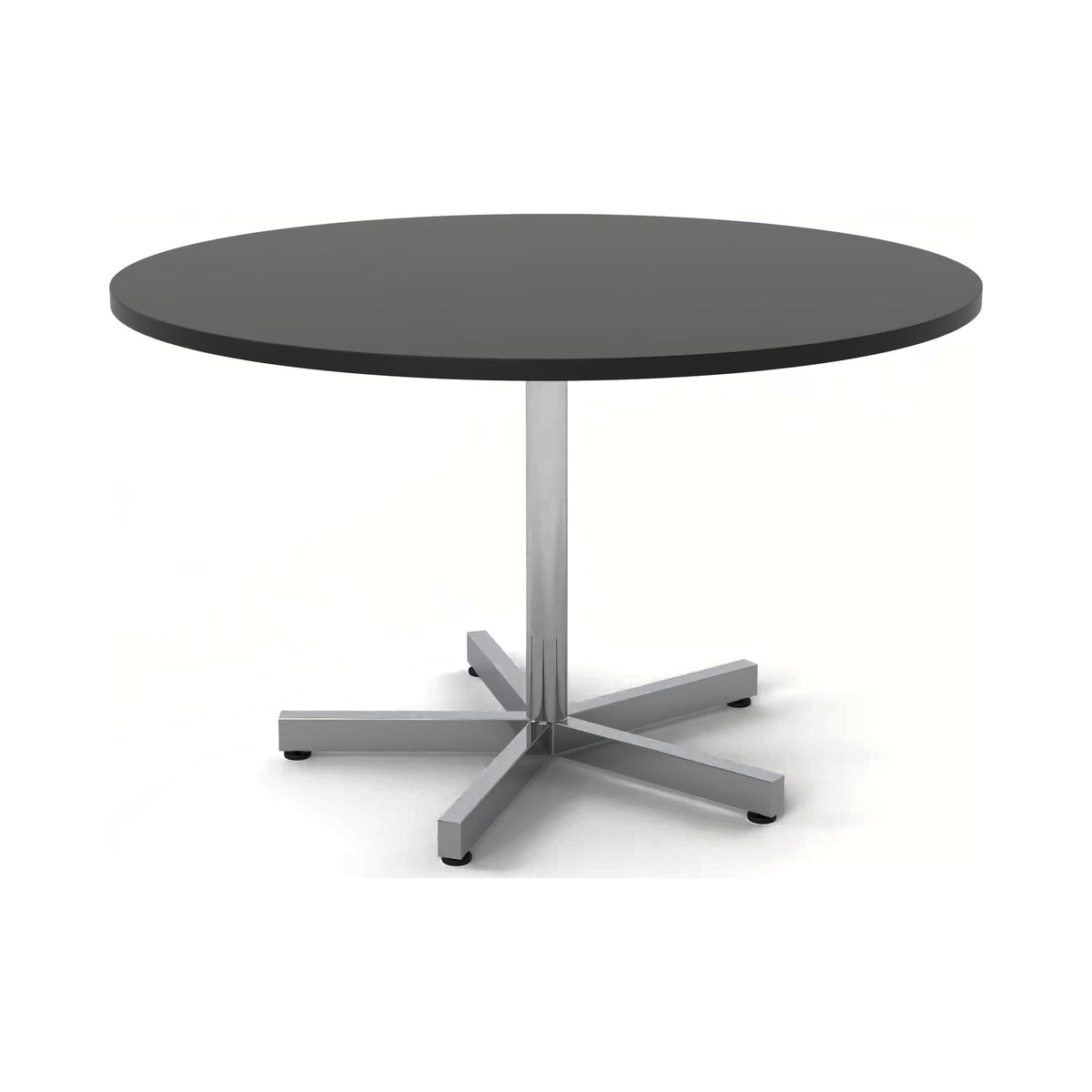 Trinity pedestal base in a silver finish with a round black top