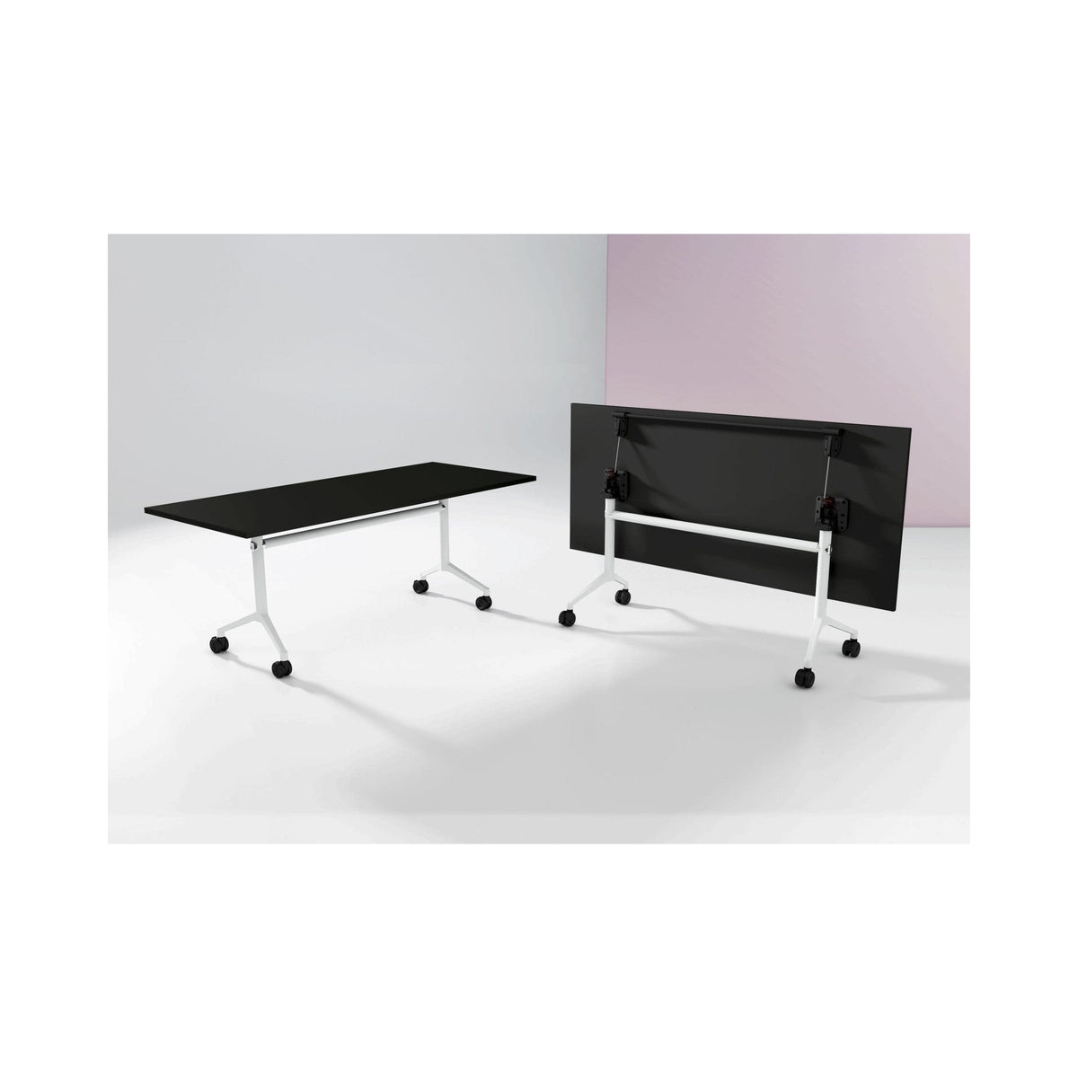 U.R folding tables, one tilted for storage