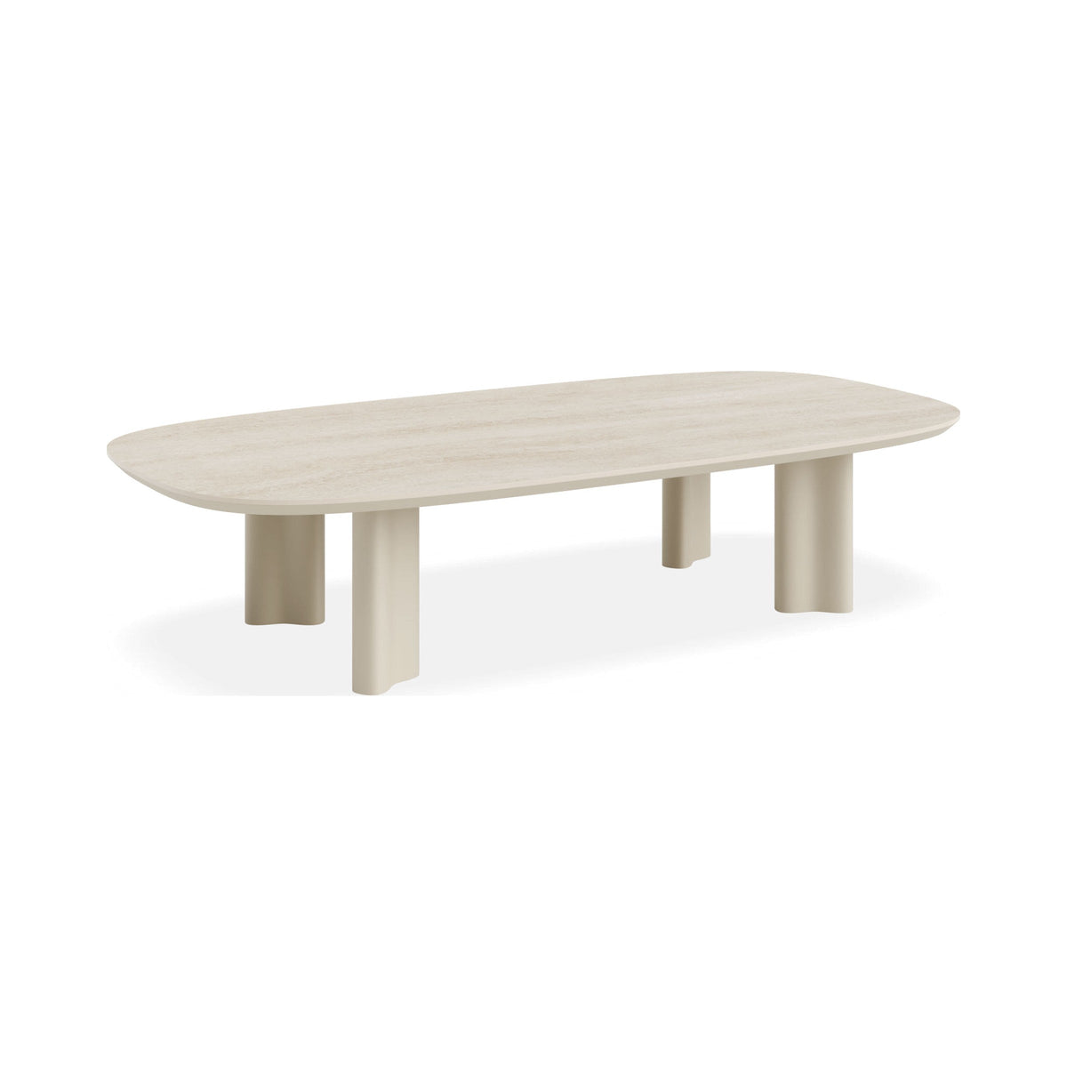 Vela coffee table in latte with Dune ceramic top, three-quarter view